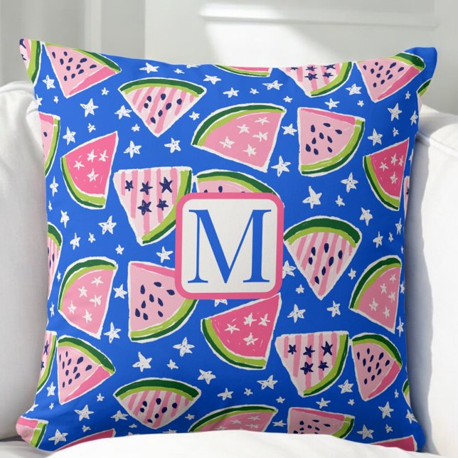 Pink Watermelon Fruit Slice Stars Pattern Monogram Cushion (Creator Uploaded)