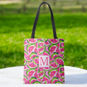 Pink Watermelon Fruit Slices Pattern Monogram Tote Bag
