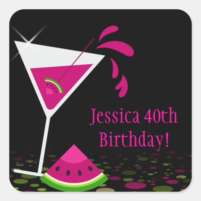 Pink Watermelon Martini Birthday Party Sticker (Front)