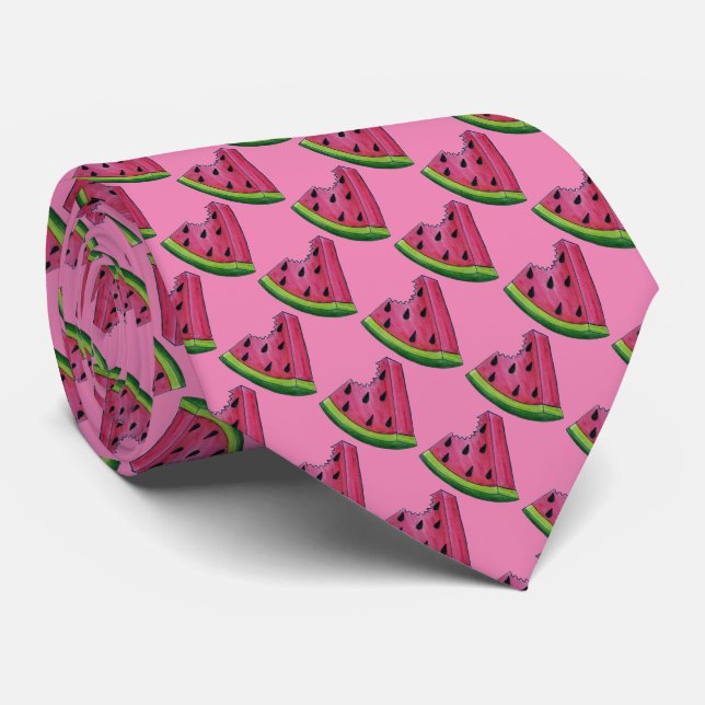 Pink Watermelon Melon Wedge Fruit Print Foodie Tie (Rolled)