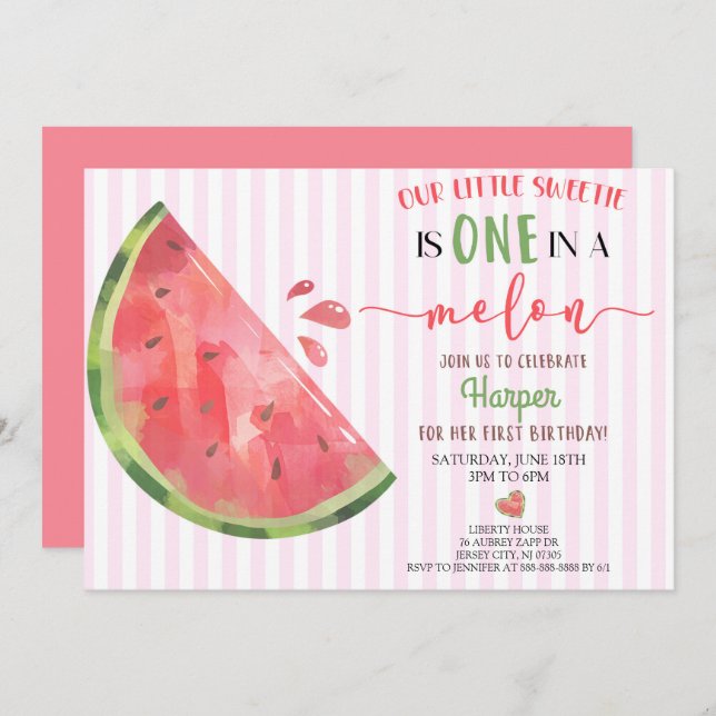 Pink Watermelon One In A Melon 1st Birthday Invitation (Front/Back)
