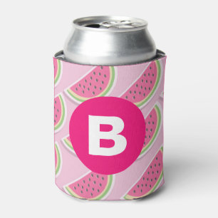 Pink Watermelon Pattern Circle Monogram Can Cooler