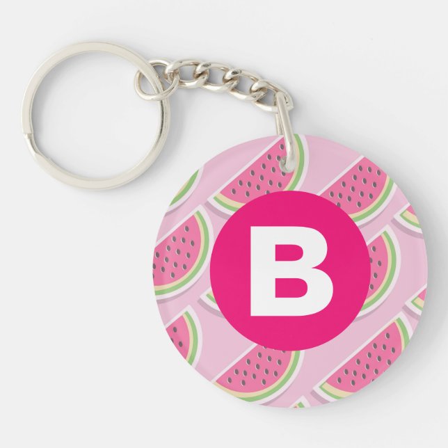 Pink Watermelon Pattern Circle Monogram Key Ring (Front)