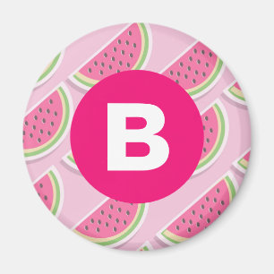 Pink Watermelon Pattern Circle Monogram Magnet
