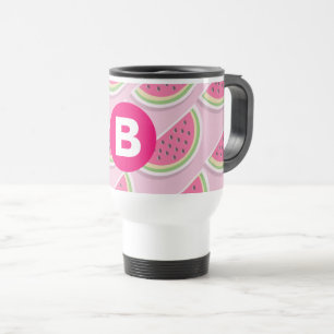 Pink Watermelon Pattern Circle Monogram Travel Mug