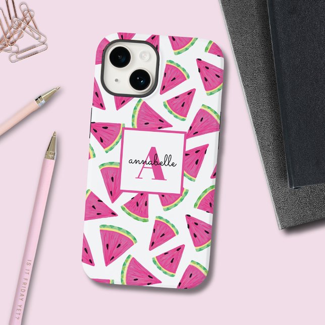 Pink Watermelon Pattern initial first name (Colorful, girly, watermelon pattern phone case with customizable text for initial and first name.)