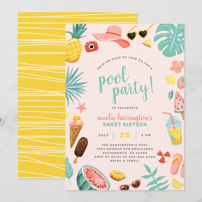 Pink | Watermelon Pineapple Tropical Pool Party Invitation (Front/Back)
