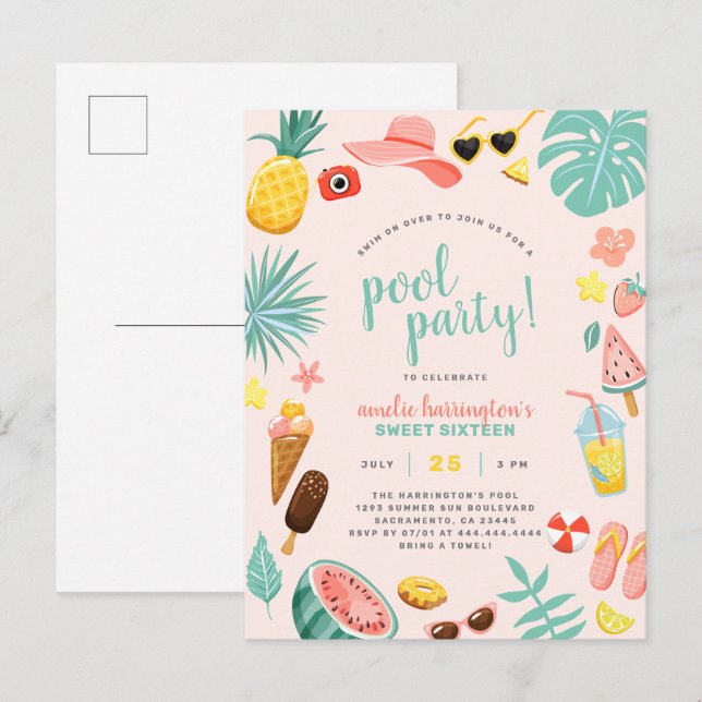 Pink | Watermelon Pineapple Tropical Pool Party Invitation Postcard (Front/Back)