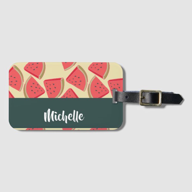 Pink watermelon slices on yellow luggage tag (Front Horizontal)