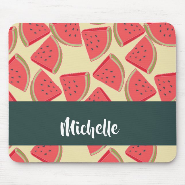 Pink watermelon slices on yellow mouse mat (Front)