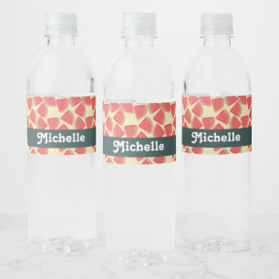 Pink watermelon slices on yellow water bottle label