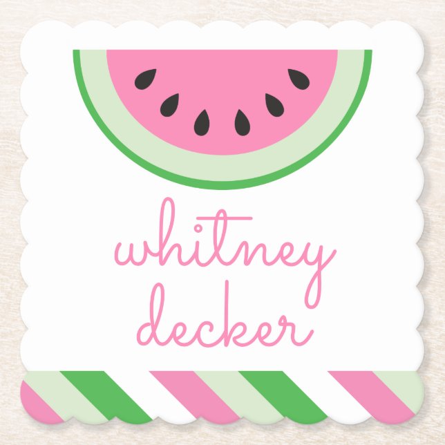 Pink Watermelon Stripe Personalised Paper Coasters (Front)