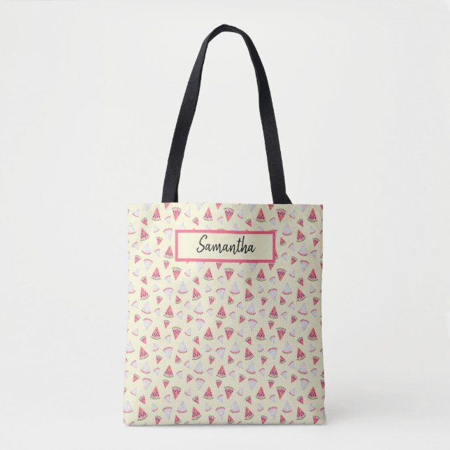 Pink Watermelons on Pale Yellow Monogrammed Tote Bag (Front)