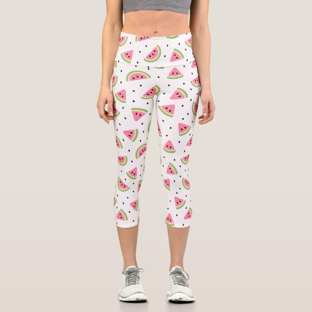 Pink Watermelons, Watermelon Seeds, Summer Pattern Capri Leggings (Front)