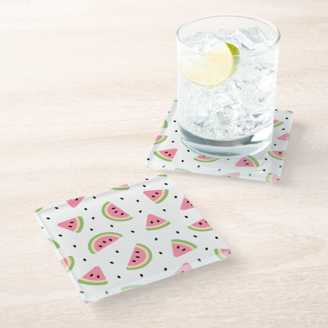 Pink Watermelons, Watermelon Seeds, Summer Pattern Glass Coaster (Angled)