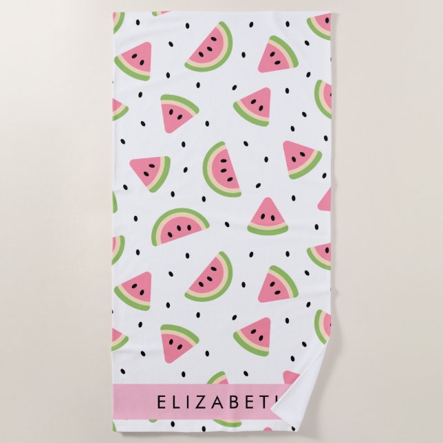 Pink Watermelons, Watermelon Seeds, Your Name Beach Towel (Front)