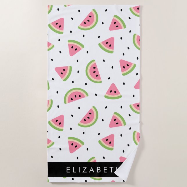 Pink Watermelons, Watermelon Seeds, Your Name Beach Towel (Front)