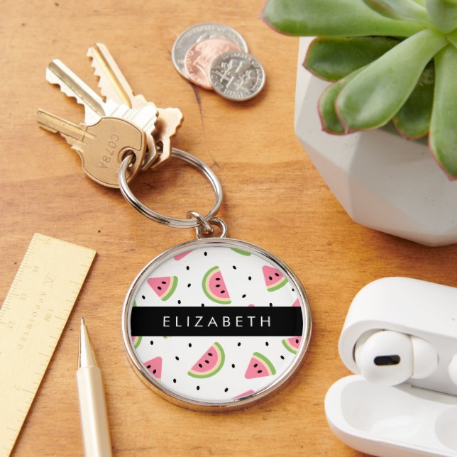 Pink Watermelons, Watermelon Seeds, Your Name Key Ring (Desk)