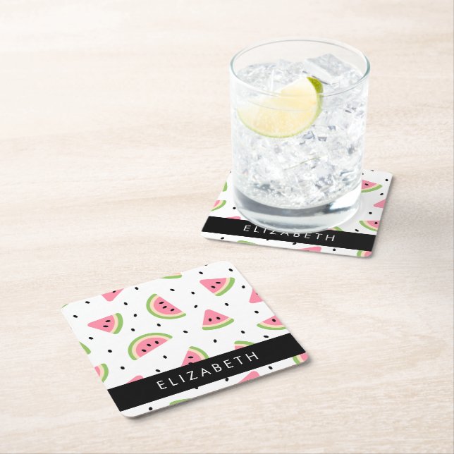 Pink Watermelons, Watermelon Seeds, Your Name Square Paper Coaster (Insitu)