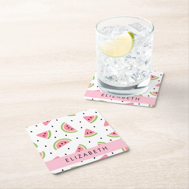 Pink Watermelons, Watermelon Seeds, Your Name Square Paper Coaster (Insitu)
