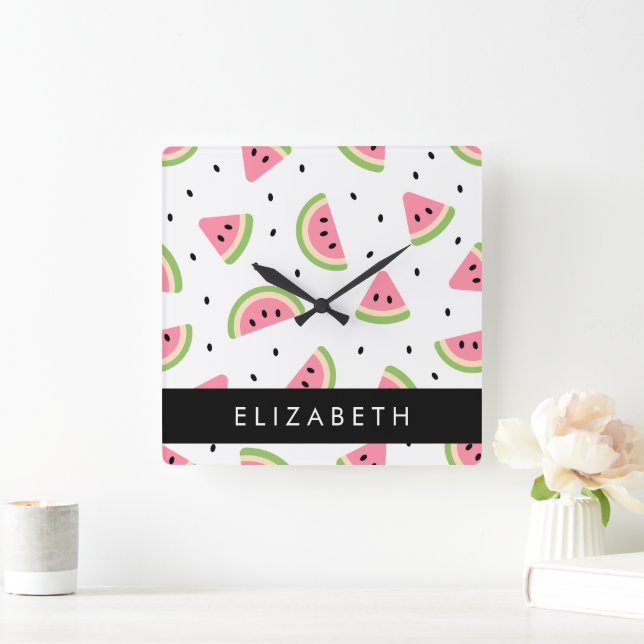 Pink Watermelons, Watermelon Seeds, Your Name Square Wall Clock (Home)