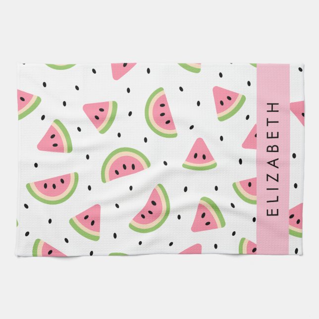 Pink Watermelons, Watermelon Seeds, Your Name Tea Towel (Horizontal)