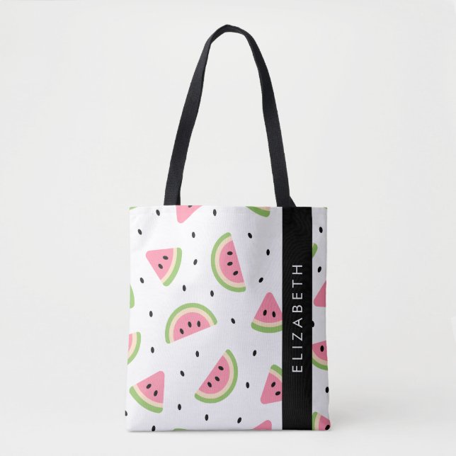 Pink Watermelons, Watermelon Seeds, Your Name Tote Bag (Front)