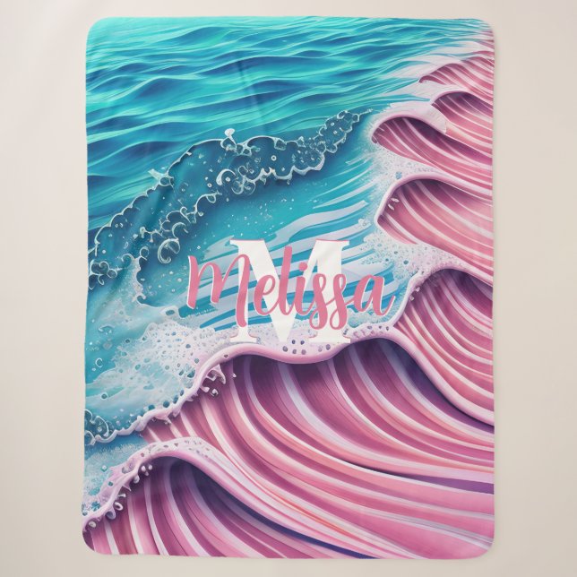 Pink Wave crashing on the shore Monogram Sherpa Blanket (Front)