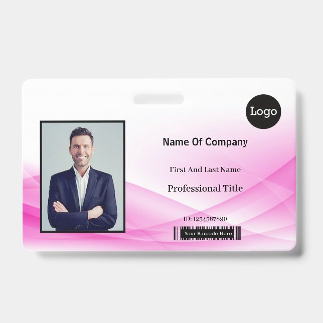 Pink Wave Design Photo Identification ID Badge (Front)