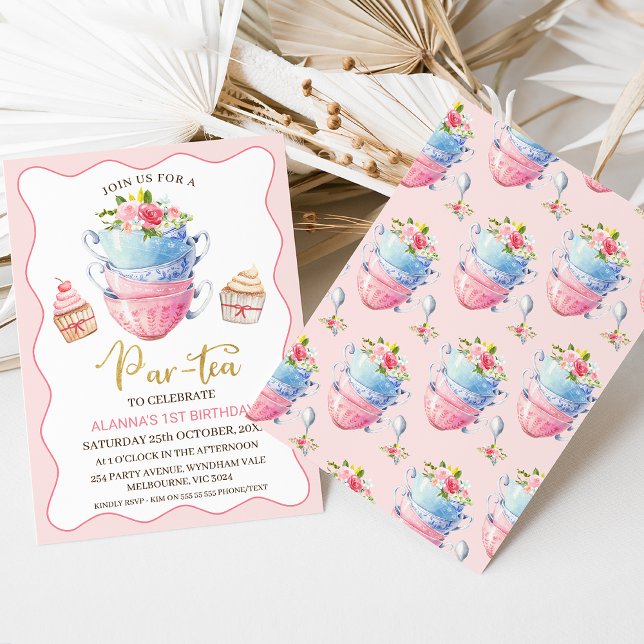 Pink Wave Floral Par-tea Tea Party Birthday  Invitation (Pink wave par-tea or tea party birthday invitation featuring stacked teacups, flowers and cupcakes.)