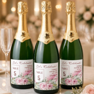Pink Wave & Floral Table Number Sparkling Wine  Label