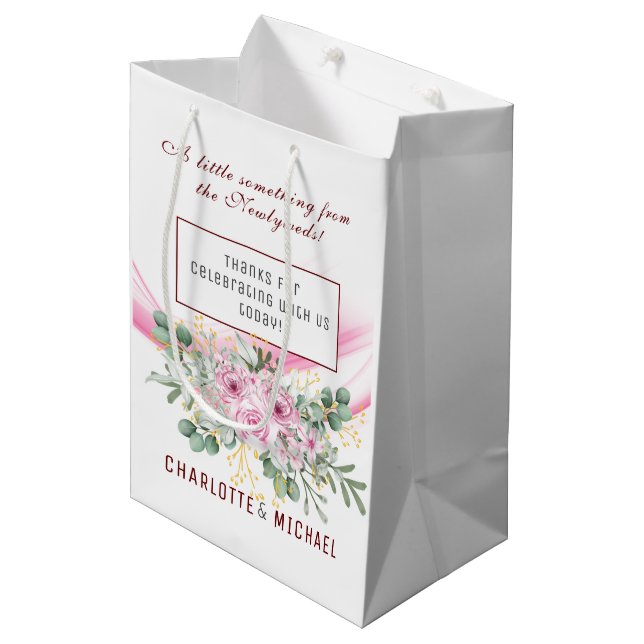 Pink Wave & Floral Wedding Gift Bag (Front Angled)
