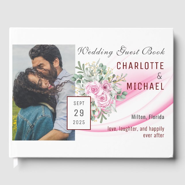 Pink Wave & Floral Wedding Guest Book (Front)