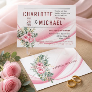 Pink Wave & Floral Wedding Invitation