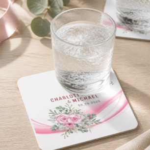 Pink Wave & Floral Wedding Paper Coaster