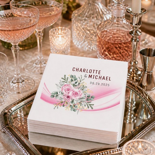 Pink Wave & Floral Wedding Paper Napkins (Creator Uploaded)