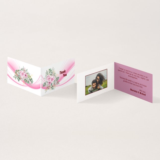Pink Wave & Floral Wedding Thank You Card (Inside and Outside)