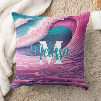 Pink Waves on the Beach Monogram Cushion