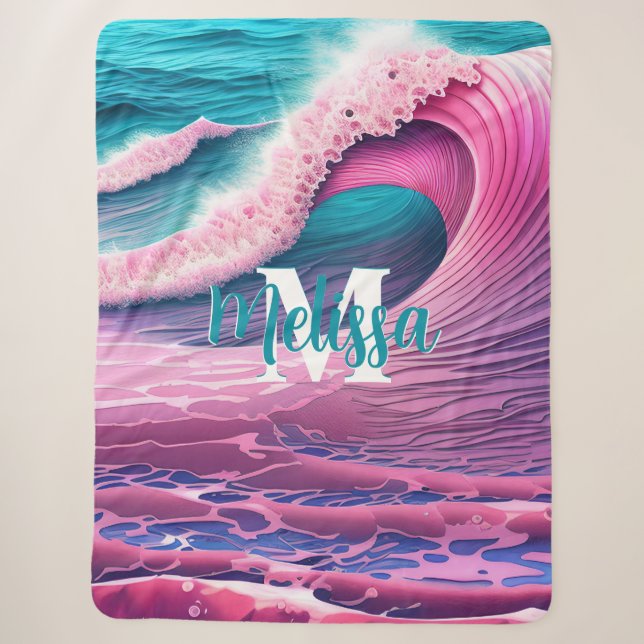 Pink Waves on the Beach Monogram Sherpa Blanket (Front)