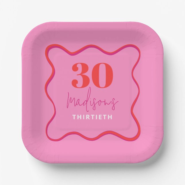Pink Wavy 30th Birthday Party  Paper Plate (Front)