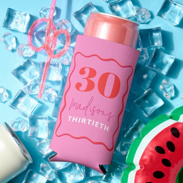 Pink Wavy 30th Birthday Party  Seltzer Can Cooler (In Situ Summer)