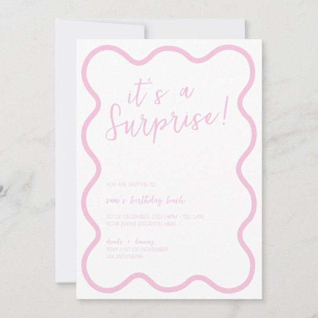 Pink Wavy Bold Modern Surprise Birthday Party Invitation (Front)