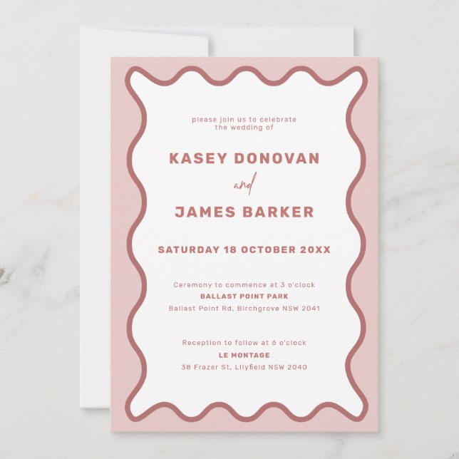 Pink Wavy Border Ceremony and Reception Wedding Invitation (Front)