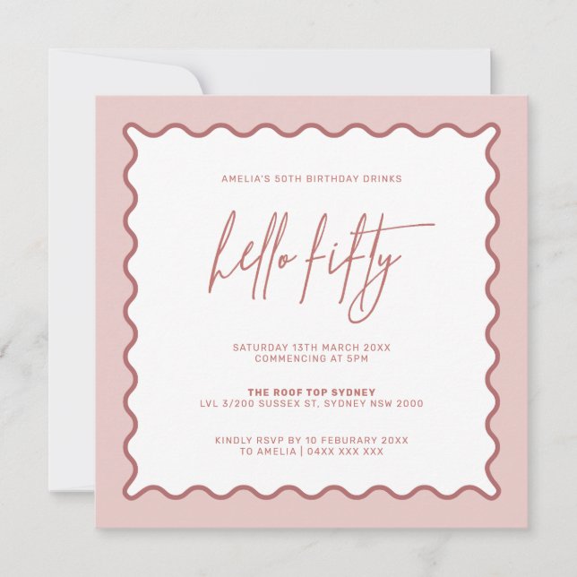Pink Wavy Border Hello Fifty Birthday Invitation (Front)