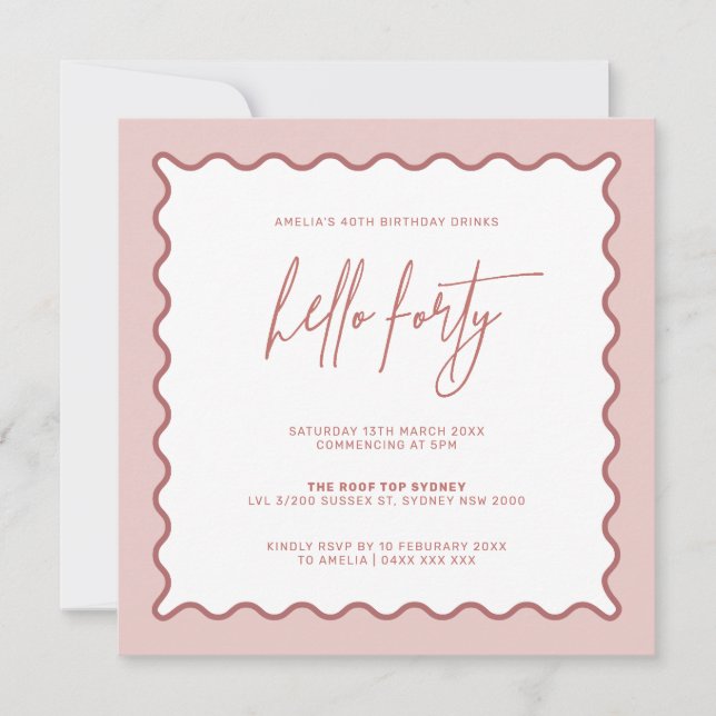 Pink Wavy Border Hello Forty Birthday Invitation (Front)