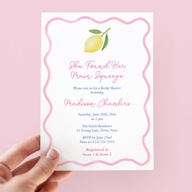 Pink Wavy Border Main Squeeze Lemons Bridal Shower Invitation (Main Squeeze Lemon Bridal Shower Invitation Design With Pink Wavy Line Border)