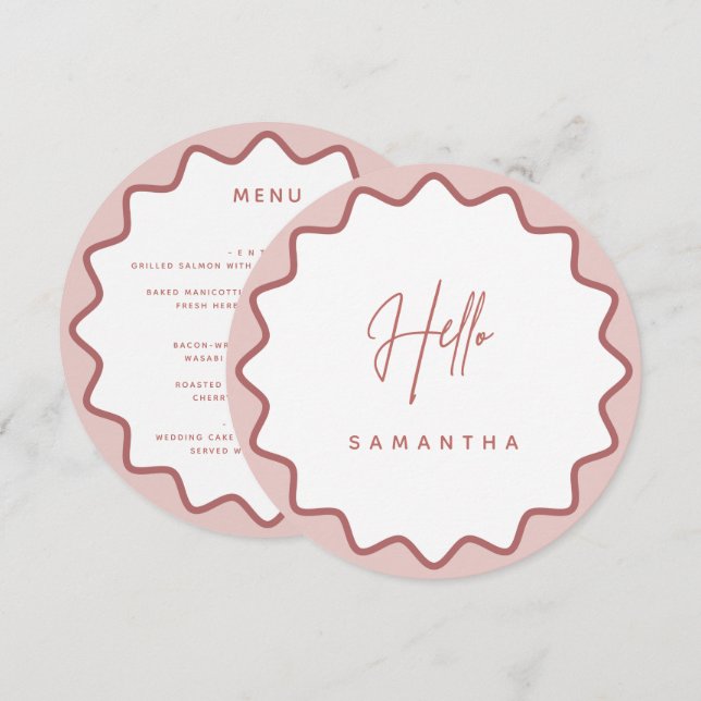 Pink Wavy Border Menu Card with Name (Front/Back)