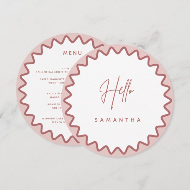 Pink Wavy Border Menu Card with Name (Front/Back)