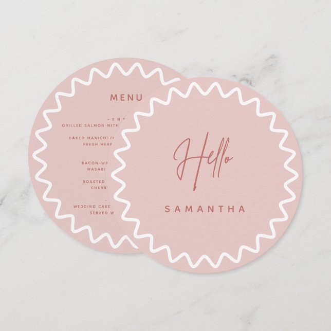 Pink Wavy Border Menu Card with Name (Front/Back)