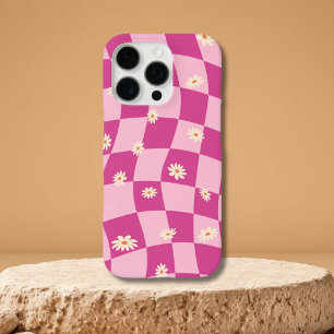 Pink Wavy Chequerboard Daisy iPhone 15 16 cases